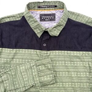 Tranquility Mayhem Button Down Men L Green Tribal Geometric Roll Tab Long Sleeve